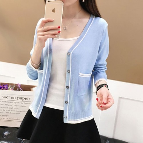 Women Elegant Cardigan Long Sleeve Sweater - Blue image