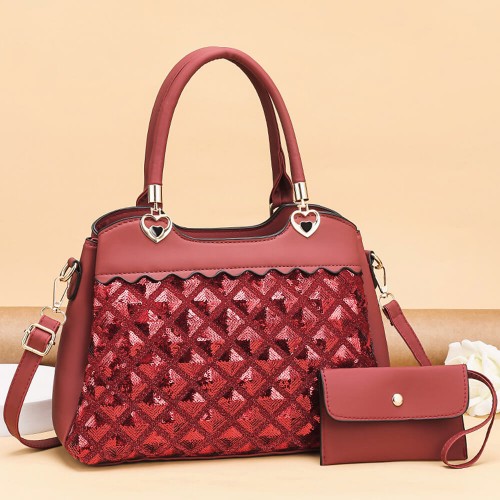 New Style Sequined Stitch 2 piece Hand Bag Set - Red image
