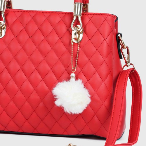 Casual Rhombic Embroidery Furry Ball Hand bag - Red image