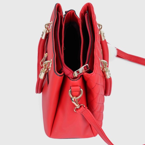Casual Rhombic Embroidery Furry Ball Hand bag - Red image