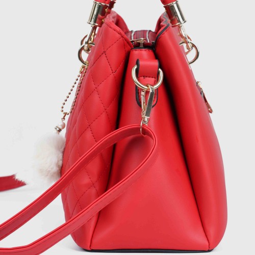 Casual Rhombic Embroidery Furry Ball Hand bag - Red image