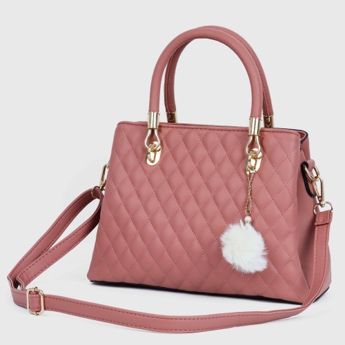 Casual Rhombic Embroidery Furry Ball Hand bag - Pink image