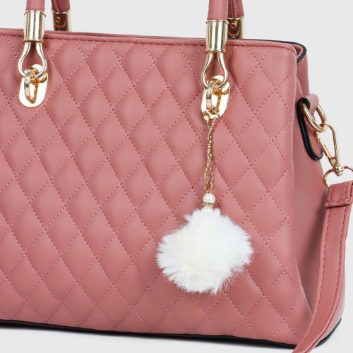 Casual Rhombic Embroidery Furry Ball Hand bag - Pink image