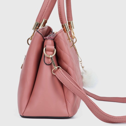 Casual Rhombic Embroidery Furry Ball Hand bag - Pink image