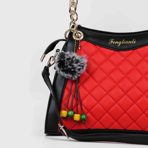 Contrast Furry Ball Hanging Chain Strap Shoulder Bag - Red image