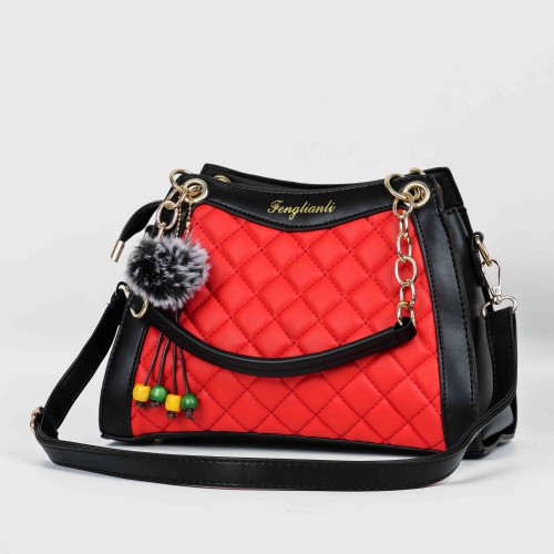 Contrast Furry Ball Hanging Chain Strap Shoulder Bag - Red image