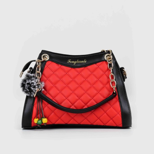 Contrast Furry Ball Hanging Chain Strap Shoulder Bag - Red image
