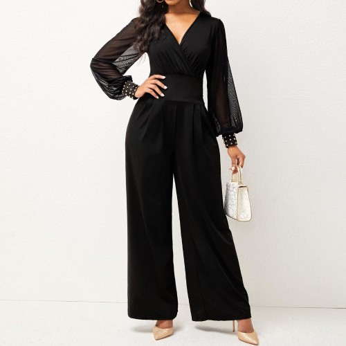 Trendy V Neck Pleated Full Sleeved Jumpsuit – Black image