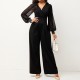Trendy V Neck Pleated Full Sleeved Jumpsuit – Black image