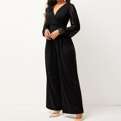 Trendy V Neck Pleated Full Sleeved Jumpsuit – Black image