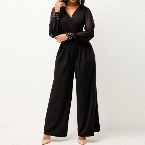 Trendy V Neck Pleated Full Sleeved Jumpsuit – Black image