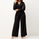 Trendy V Neck Pleated Full Sleeved Jumpsuit – Black image