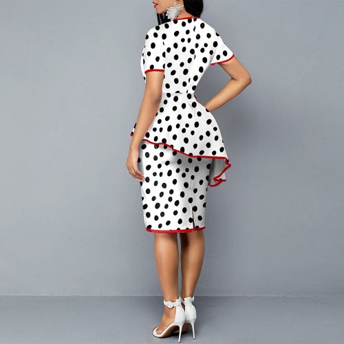 Stylish Mid Waist Polka Print Mid-Calf Dress – White | Image