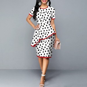 Stylish Mid Waist Polka Print Mid-Calf Dress – White 