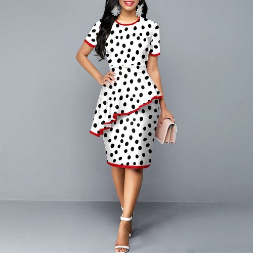 Stylish Mid Waist Polka Print Mid-Calf Dress – White | Image