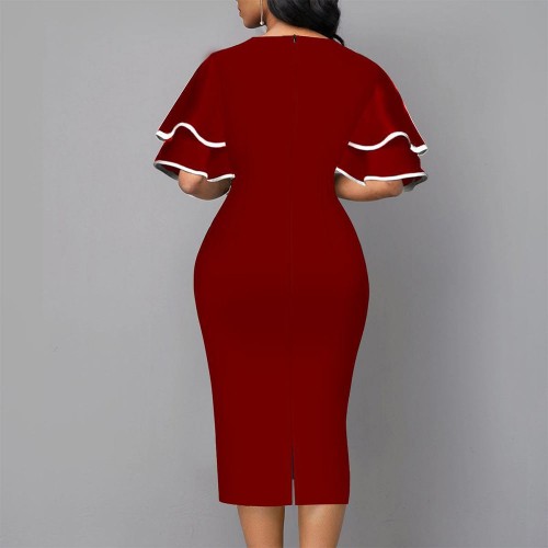 Elegant Bell Sleeved Geometric Printed Mid Calf Dress - Red | Image