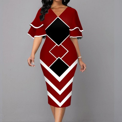 Elegant Bell Sleeved Geometric Printed Mid Calf Dress - Red | Image