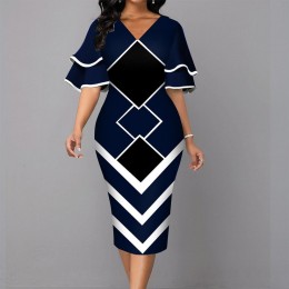 Elegant Bell Sleeved Geometric Printed Mid Calf Dress - Blue