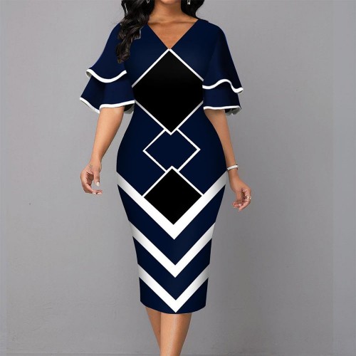 Elegant Bell Sleeved Geometric Printed Mid Calf Dress - Blue image