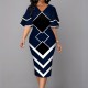 Elegant Bell Sleeved Geometric Printed Mid Calf Dress - Blue image
