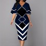 Elegant Bell Sleeved Geometric Printed Mid Calf Dress - Blue