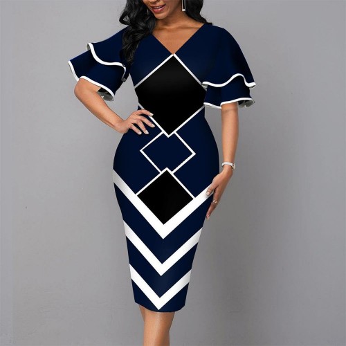 Elegant Bell Sleeved Geometric Printed Mid Calf Dress - Blue image