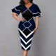 Elegant Bell Sleeved Geometric Printed Mid Calf Dress - Blue image
