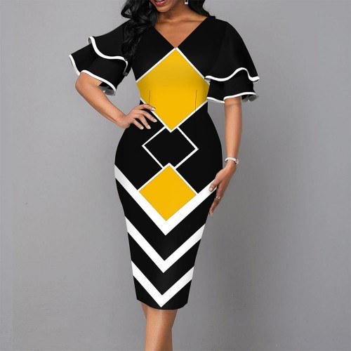 Elegant Bell Sleeved Geometric Printed Mid Calf Dress - Yellow image