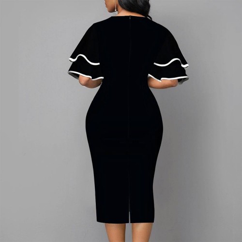 Elegant Bell Sleeved Geometric Printed Mid Calf Dress - Yellow image