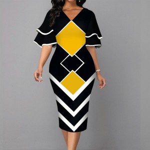 Elegant Bell Sleeved Geometric Printed Mid Calf Dress - Yellow