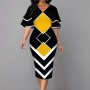 Elegant Bell Sleeved Geometric Printed Mid Calf Dress - Yellow