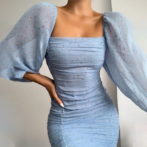 Glamorous Square Neck Floral Pleated Bodycon Dress - Blue image