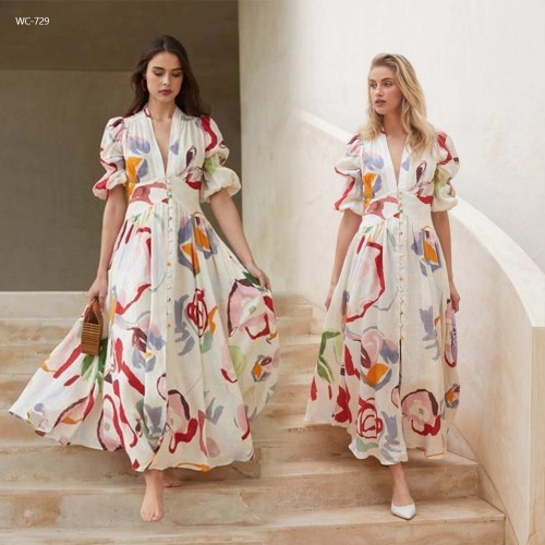 Buttoned Style High Waist Floral Printed Maxi Dress - White image