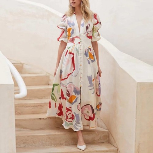 Buttoned Style High Waist Floral Printed Maxi Dress - White image
