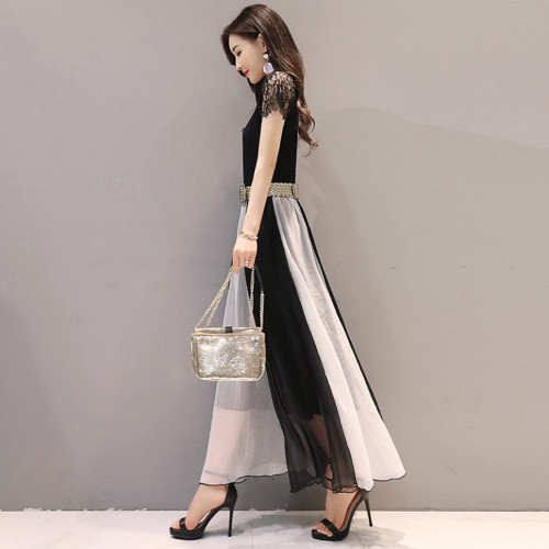 Contemporary Contrast Stitched High Waist Maxi Dress - White image