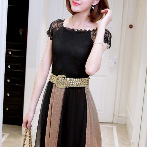 Contemporary Contrast Stitched High Waist Maxi Dress - Gold image