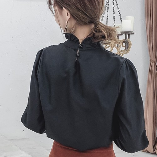 Retro Style Stand Up Collar Long Sleeved Blouse Top - Black image