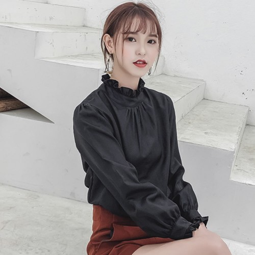 Retro Style Stand Up Collar Long Sleeved Blouse Top - Black image
