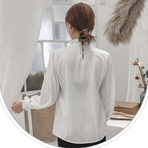 Retro Style Stand Up Collar Long Sleeved Blouse Top - White image