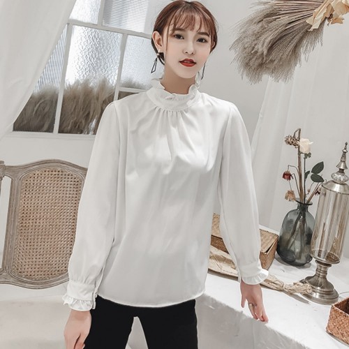 Retro Style Stand Up Collar Long Sleeved Blouse Top - White image
