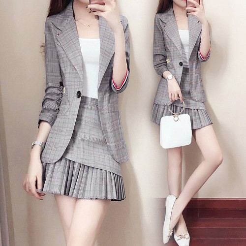Western Style Long Sleeved Plaid Two Piece Suit Skirt - Grey | Image