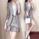 Western Style Long Sleeved Plaid Two Piece Suit Skirt - Grey | Image
