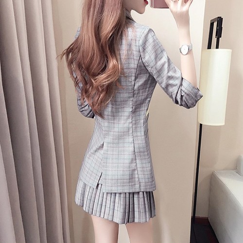 Western Style Long Sleeved Plaid Two Piece Suit Skirt - Grey | Image