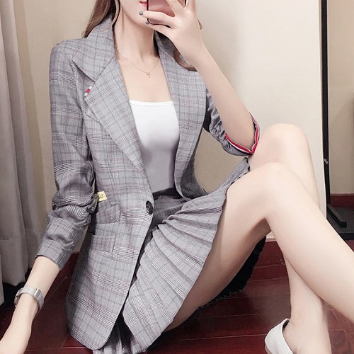 Western Style Long Sleeved Plaid Two Piece Suit Skirt - Grey | Image