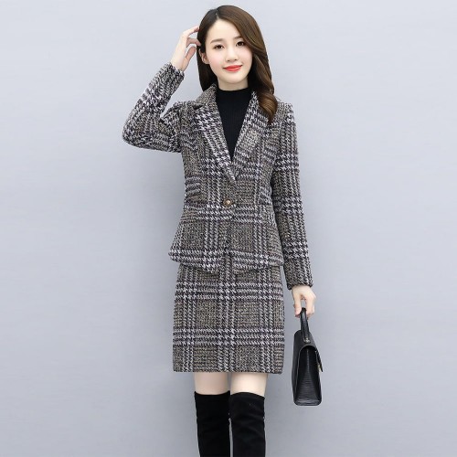 Plaided Two Piece Open Front Coat With Skirt Suit - Brown image
