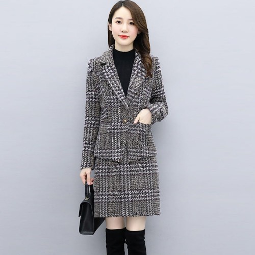 Plaided Two Piece Open Front Coat With Skirt Suit - Brown image