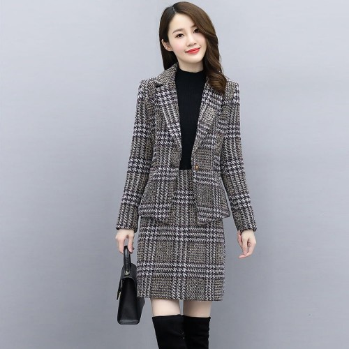 Plaided Two Piece Open Front Coat With Skirt Suit - Brown image