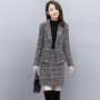 Plaided Two Piece Open Front Coat With Skirt Suit - Brown