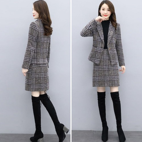 Plaided Two Piece Open Front Coat With Skirt Suit - Brown image
