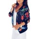 Retro Style Front Zipper Floral Printed Women Jacket - Blue image